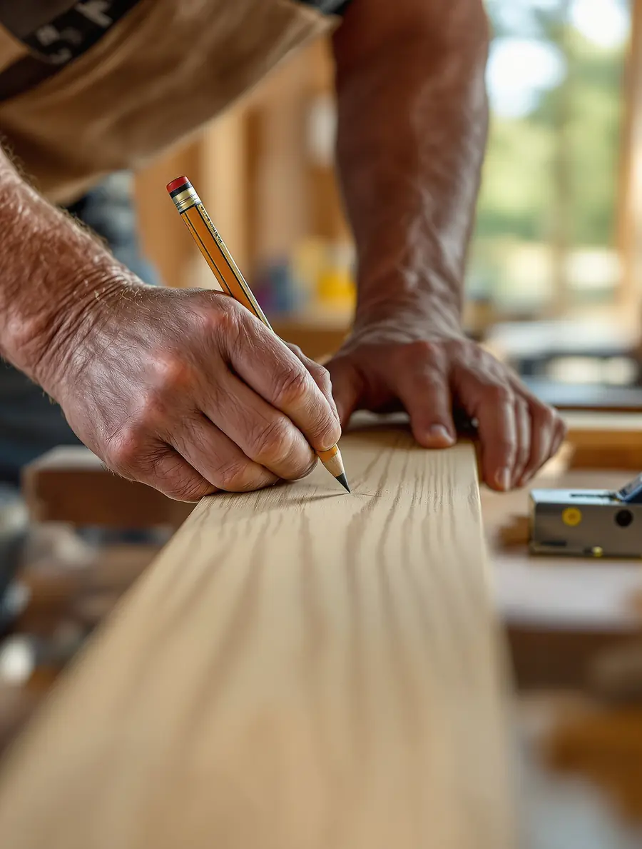 A builder marking a white oak trim board with a carpenter's pencil beside a speed square