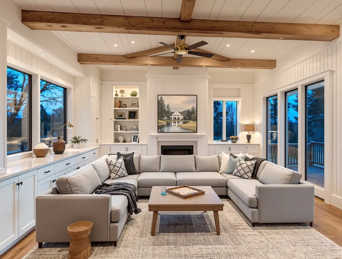 A finished family room addition with a sectional sofa, built-in shelves and evening lamp light