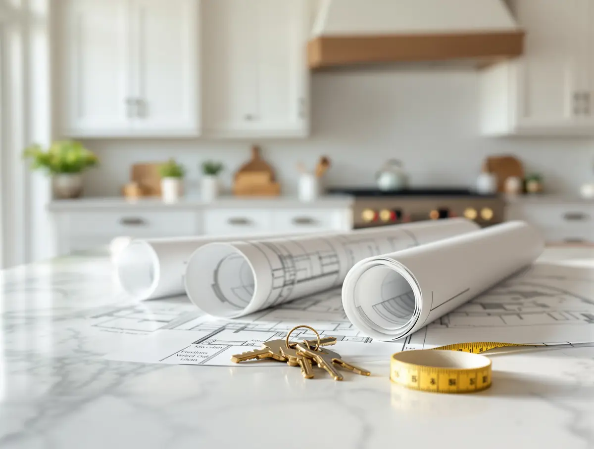 House keys, rolled floor plans and a tape measure on a quartz kitchen island in a renovated home