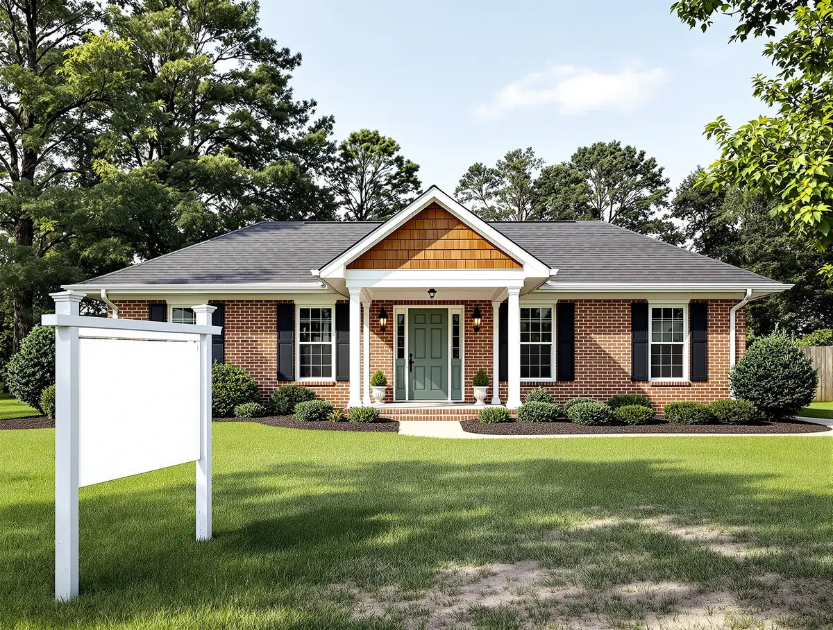 A freshly renovated ranch home with a sage green front door and a blank real estate sign in the yard