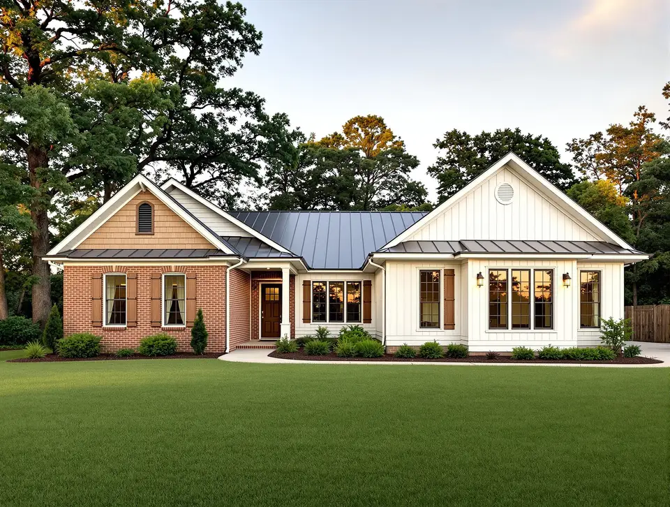 A new single-story home addition with board-and-batten siding joined to a brick ranch home in North Alabama
