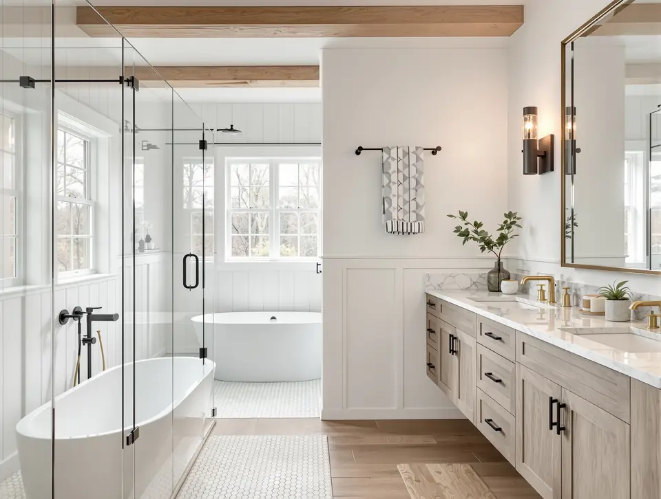 Remodeled bathroom with a freestanding tub, walk-in glass shower and white oak double vanity