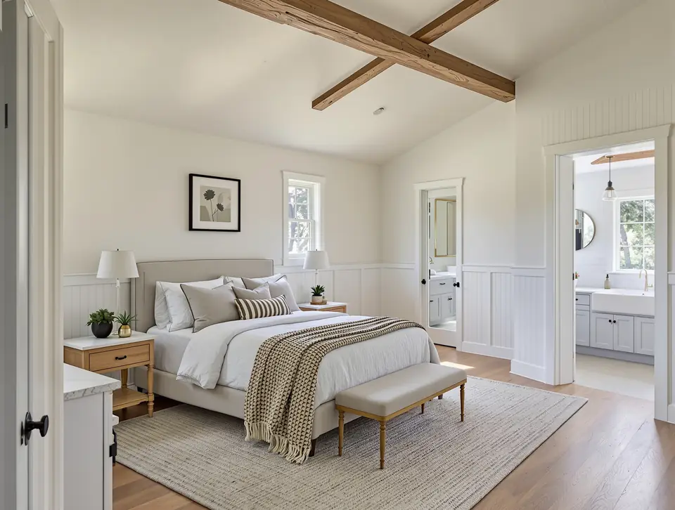 A new primary bedroom addition with a vaulted ceiling and an ensuite bathroom
