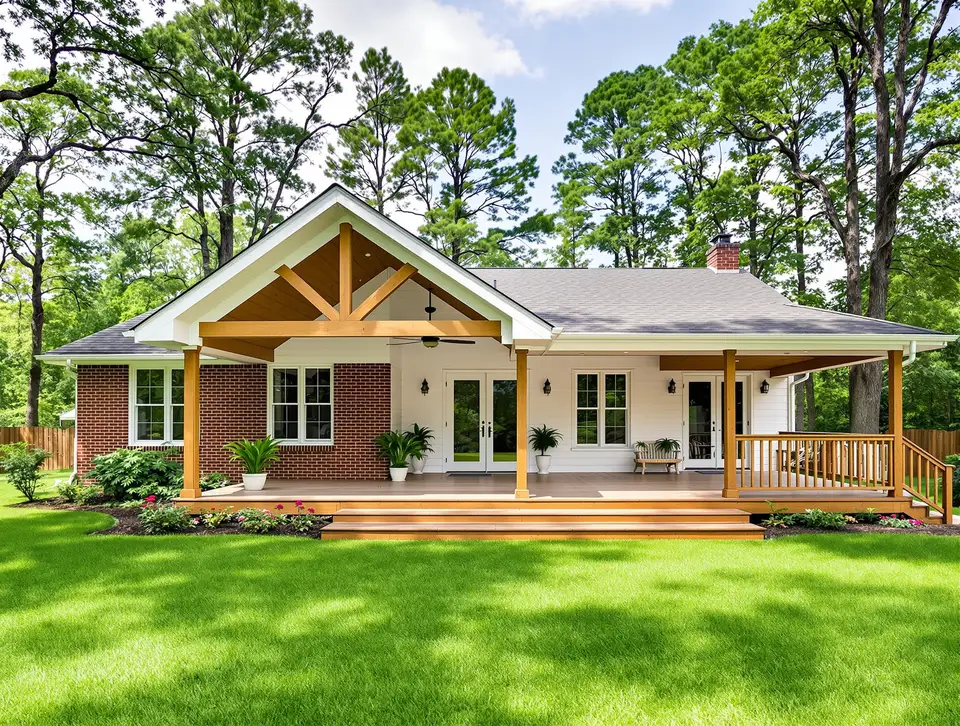 A new covered back porch and wood deck on a brick ranch home