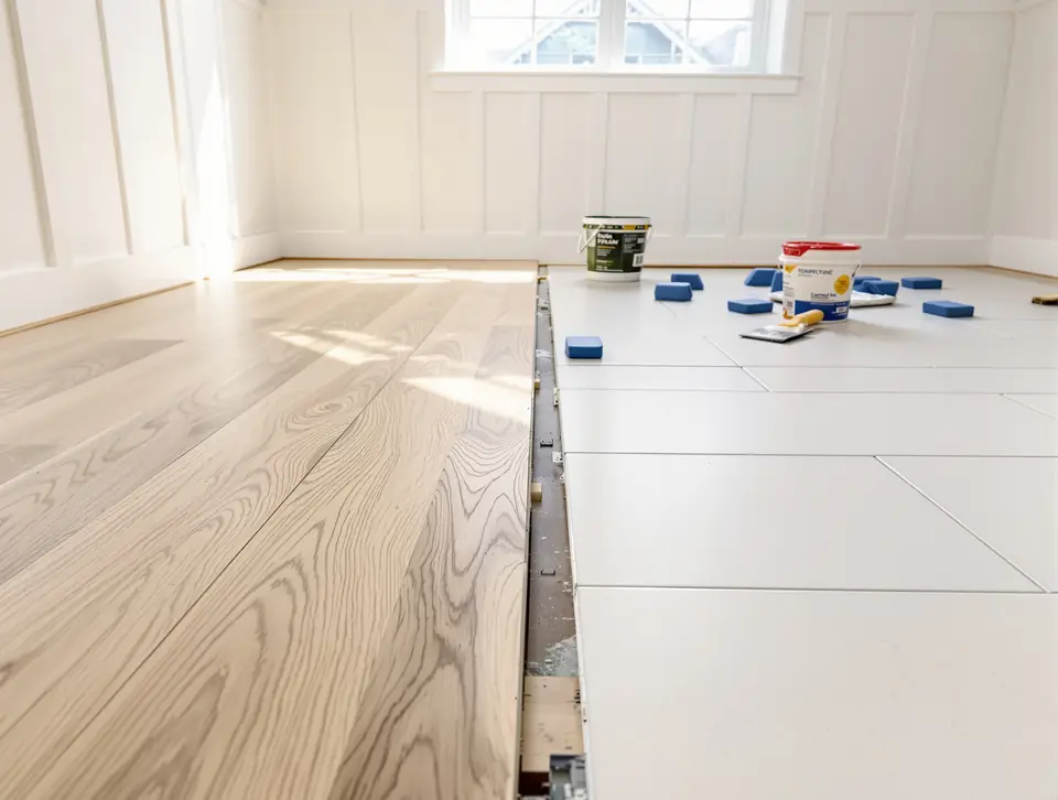 White oak hardwood flooring meeting new porcelain tile during installation