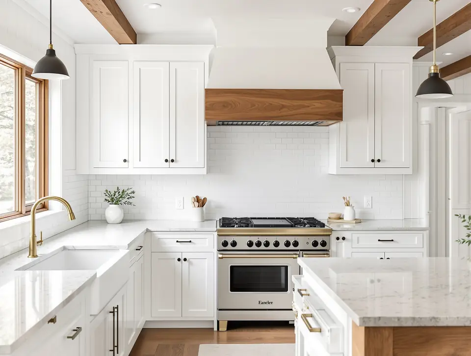 Remodeled kitchen with white shaker cabinets, a white oak range hood and a tile backsplash