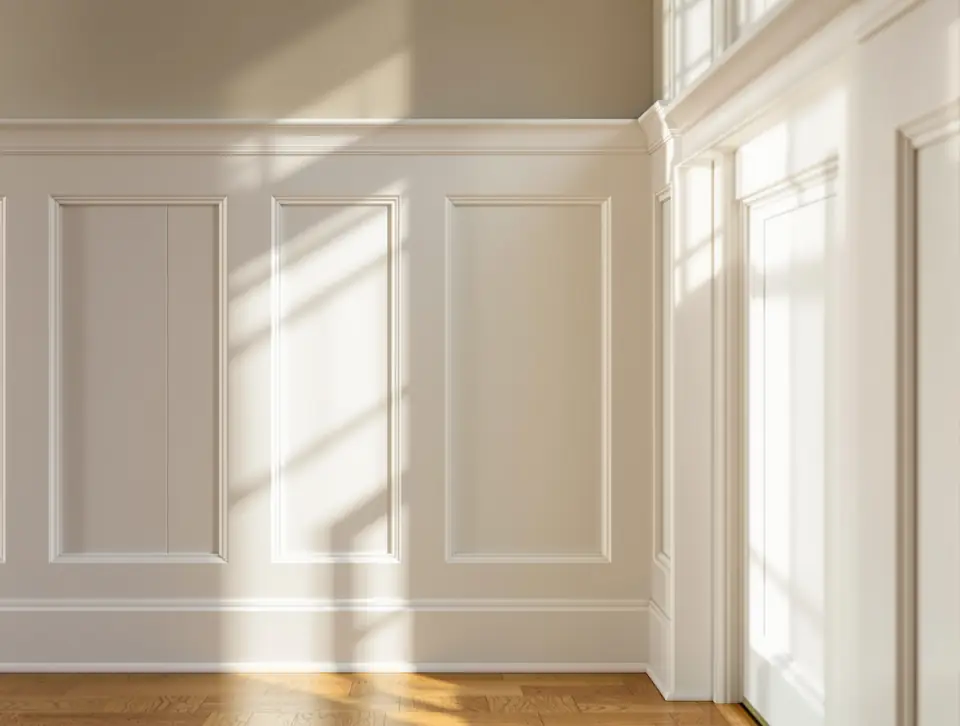 Custom wainscoting, baseboard and door casing trim work painted soft white
