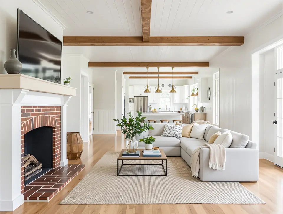 Updated living room with a painted brick fireplace, wainscoting and refinished oak floors